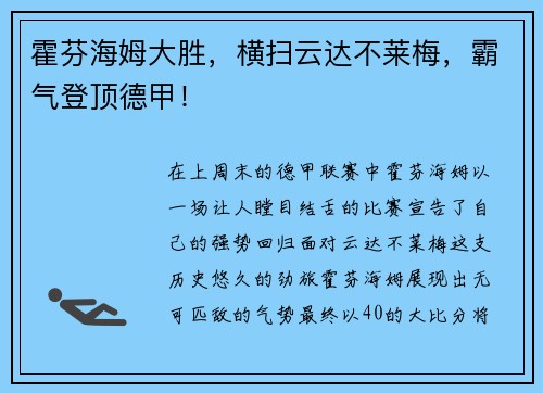 霍芬海姆大胜，横扫云达不莱梅，霸气登顶德甲！